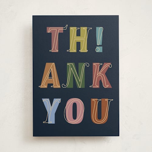 This is a navy greeting cards with standard by Sumak Studio called th!ank you printing on signature in greeting cards