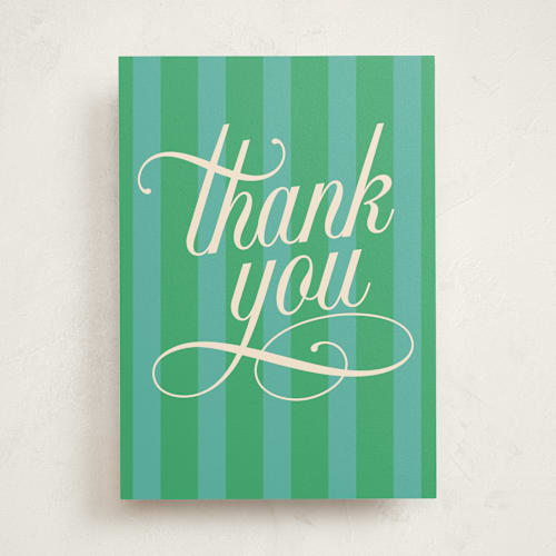 This is a turquoise greeting cards with standard by Kamala Nahas called striped thank you printing on signature in greeting cards