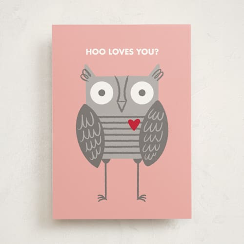 This is a coral valentines day cards with standard by mo kelley called hoo loves you? printing on signature in greeting cards