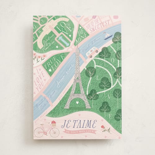 This is a seafoam valentines day cards with standard by Sabrin Deirani called paris love map printing on signature in greeting cards