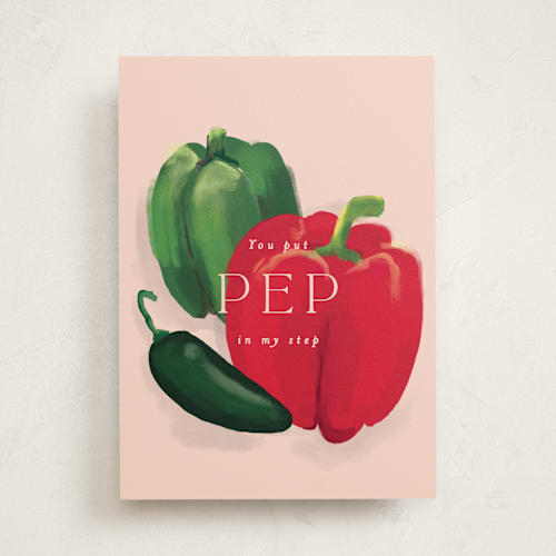 This is a blush valentines day cards with standard by Rebecca Durflinger called pep in my step printing on signature in greeting cards