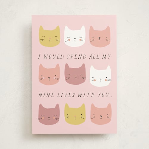 This is a crepe valentines day cards with standard by Angela Thompson called nine lives printing on signature in greeting cards