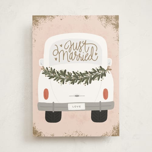 This is a sandstone wedding cards with standard by Michelle Taylor called just married printing on signature in greeting cards