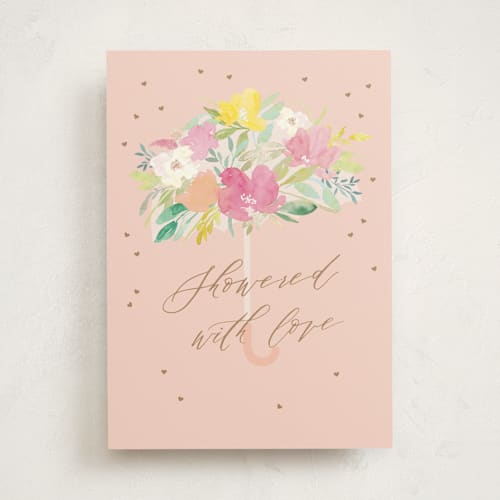 This is a blush wedding cards with standard by Creo Study called showered with love printing on signature in greeting cards