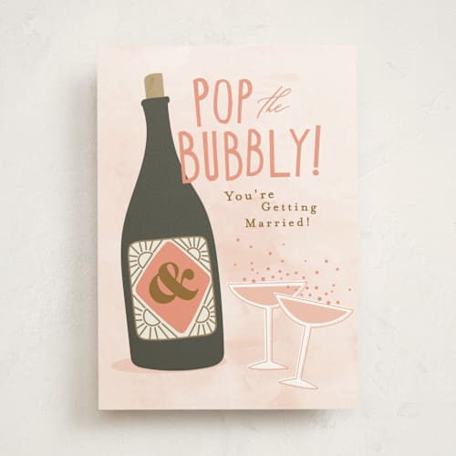 This is a champagne wedding cards with standard by Karidy Walker called pop the bubbly printing on signature in greeting cards