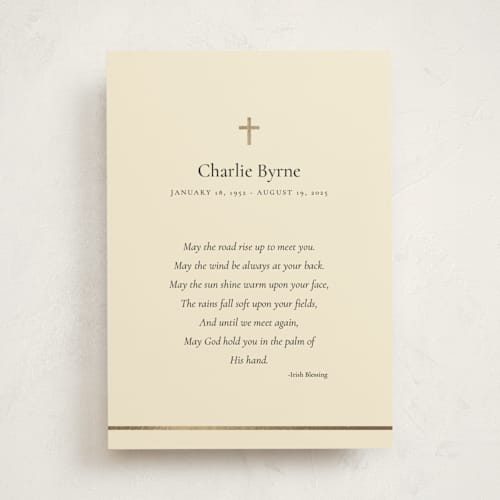 This is a creme memorial cards with foil pressed by mo kelley called cross and verse printing on signature in standard