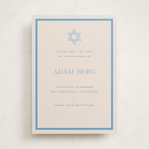 This is a bluebell bar and bat mitzvah save the date with standard by Megan Davis called racquet printing on signature in standard