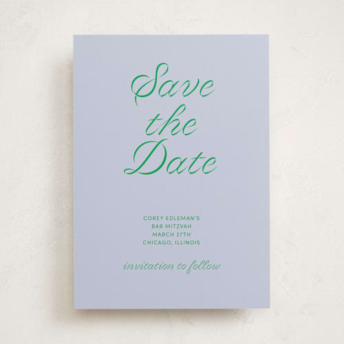 This is a verdant bar and bat mitzvah save the date with standard by Inkblot Design called torah tribute printing on signature in standard