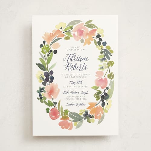 This is a grapefruit bar mitzvah bat mitzvah invitations with standard by Yao Cheng Design called watercolor wreath printing on signature in standard