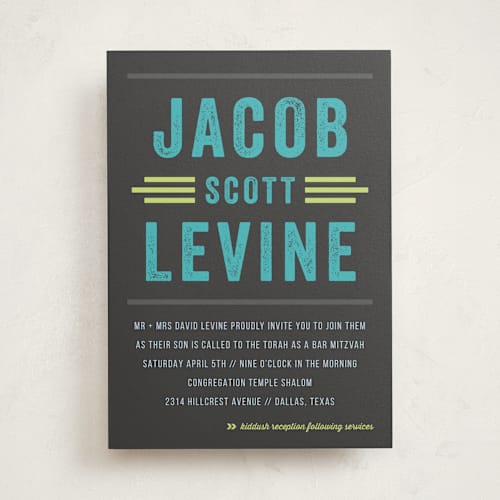This is a charcoal bar mitzvah bat mitzvah invitations with standard by Rebecca Bowen called namely printing on signature in standard
