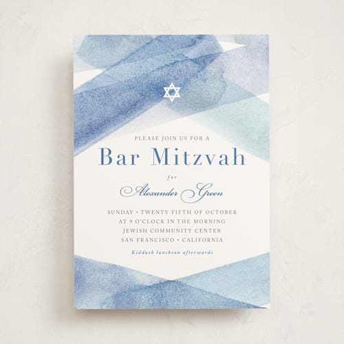 This is a ocean bar mitzvah bat mitzvah invitations with standard by Shannon Chen of Four Wet Feet Studio called watercolor stripes printing on signature in standard