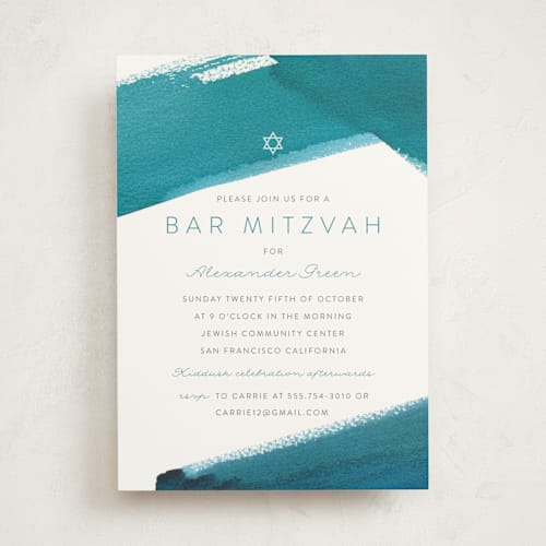 This is a teal bar mitzvah bat mitzvah invitations with standard by Shannon Chen of Four Wet Feet Studio called minimal abstract printing on signature in standard