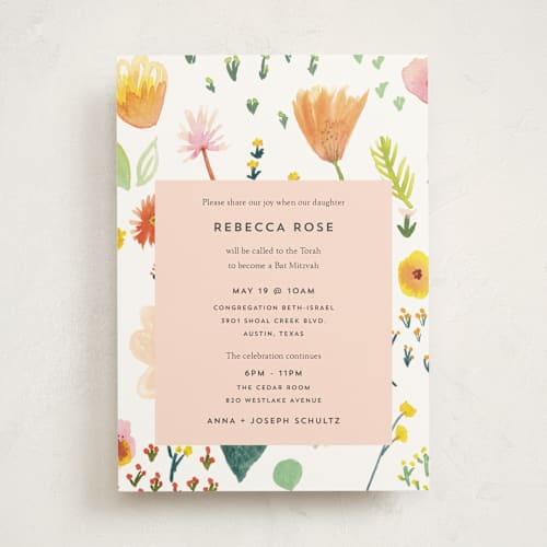 This is a peach bar mitzvah bat mitzvah invitations with standard by Erika Firm called spring gardens printing on signature in standard