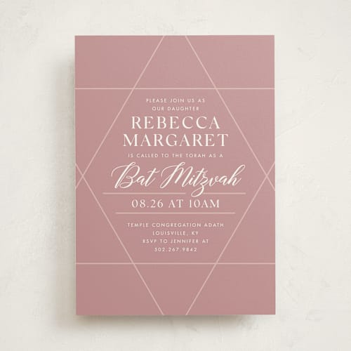 This is a mauve bar mitzvah bat mitzvah invitations with standard by Gina Grittner called bright star printing on signature in standard