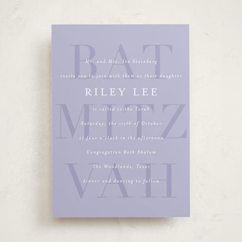 This is a lavender bar mitzvah bat mitzvah invitations with standard by Jackie Crawford called bold mitzvah printing on signature in standard