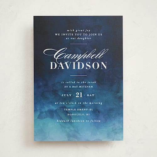 This is a ocean bar mitzvah bat mitzvah invitations with standard by Kelly Schmidt called indigo sea printing on signature in standard