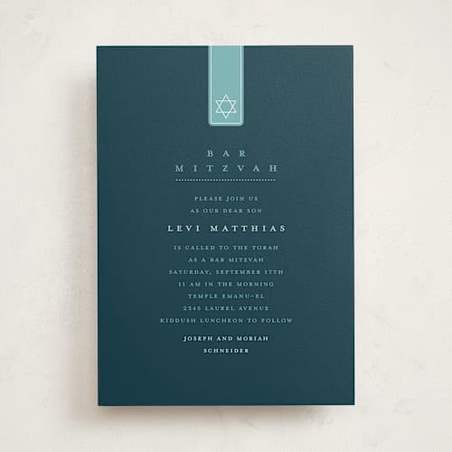 This is a teal bar mitzvah bat mitzvah invitations with standard by Lori James called star of david label printing on signature in standard