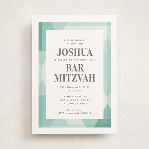 This is a mint bar mitzvah bat mitzvah invitations with standard by Robert and Stella called modern star printing on signature in standard