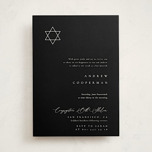 This is a midnight bar mitzvah bat mitzvah invitations with standard by Kelly Schmidt called corner printing on signature in standard