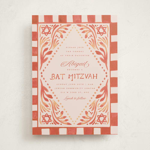 This is a citrus bar mitzvah bat mitzvah invitations with standard by Teju Reval called painted mitzvah printing on signature in standard