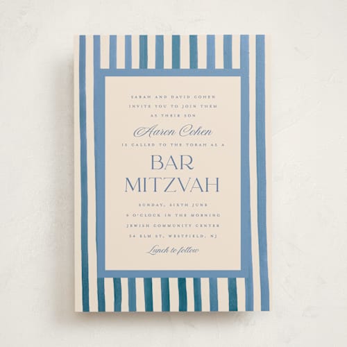 This is a sky bar mitzvah bat mitzvah invitations with standard by Teju Reval called painted stripes printing on signature in standard