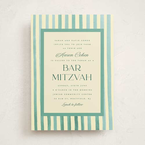 This is a forest bar mitzvah bat mitzvah invitations with standard by Teju Reval called painted stripes printing on signature in standard