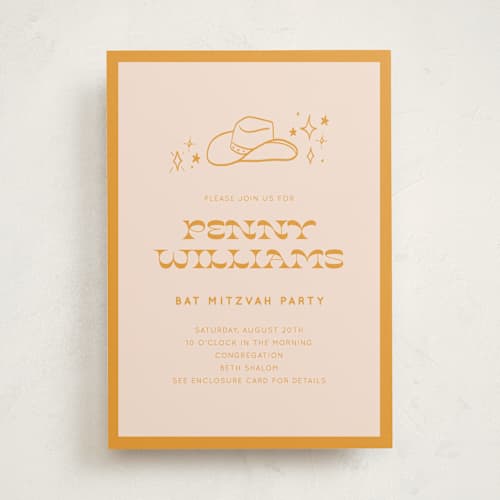 This is a peach bar mitzvah bat mitzvah invitations with standard by Rachel Cassel called cowgirl printing on signature in standard