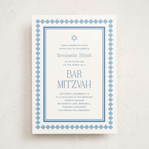 This is a sky bar mitzvah bat mitzvah invitations with standard by Carolyn MacLaren called checkers printing on signature in standard