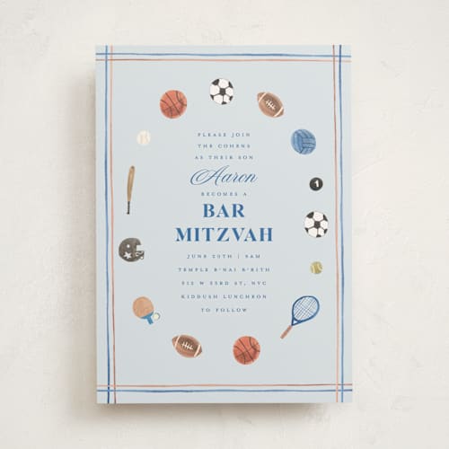 This is a sea bar mitzvah bat mitzvah invitations with standard by Teju Reval called sportsy printing on signature in standard