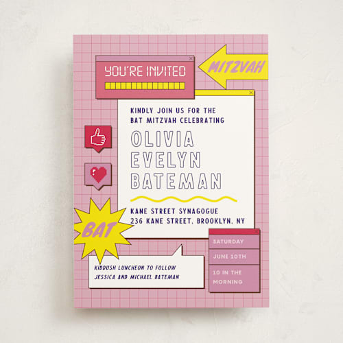 This is a strawberry bar mitzvah bat mitzvah invitations with standard by Jennifer Lew called bitmap printing on signature in standard