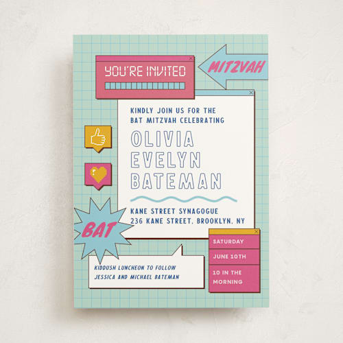 This is a aqua bar mitzvah bat mitzvah invitations with standard by Jennifer Lew called bitmap printing on signature in standard