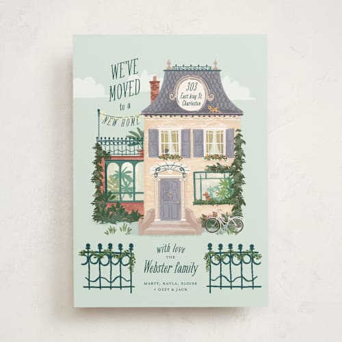 This is a mint moving announcements with standard by Leia Matt called little festive house printing on signature in standard