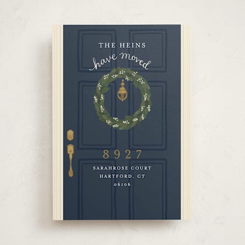 This is a navy moving announcements with standard by Emily Hein called door wreath printing on signature in standard