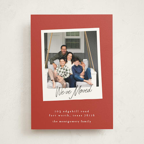 This is a crimson moving announcements with standard by Karidy Walker called holiday snapshot printing on signature in standard