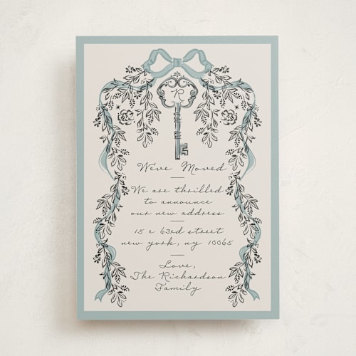 This is a aqua moving announcements with standard by Ana de Sousa called unlocking new beginnings printing on signature in standard