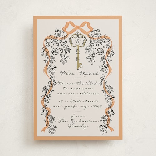 This is a peach moving announcements with standard by Ana de Sousa called unlocking new beginnings printing on signature in standard
