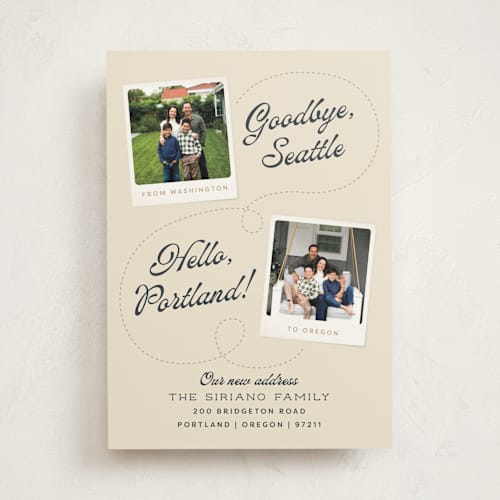 This is a cream moving announcements with standard by Robert and Stella called goodbye & hello printing on signature in standard