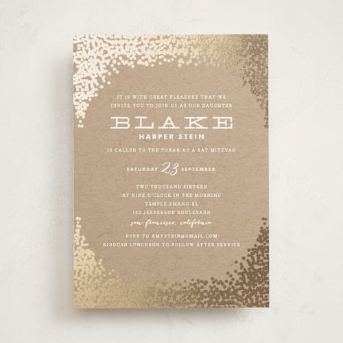 This is a kraft bar mitzvah bat mitzvah invitations with foil pressed by Annie Clark called gold rush printing on signature in standard