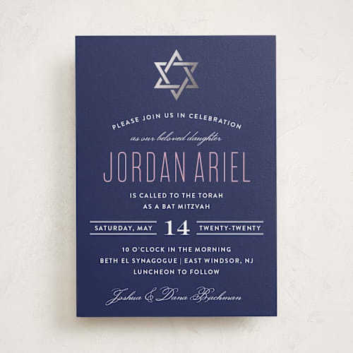 This is a rose bar mitzvah bat mitzvah invitations with foil pressed by Olivia Raufman called silver mitzvah printing on signature in standard