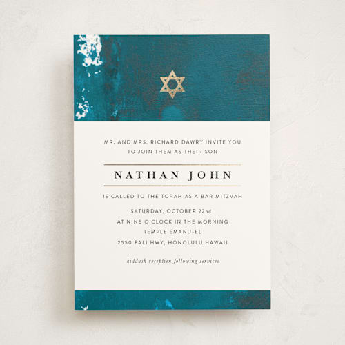 This is a teal bar mitzvah bat mitzvah invitations with foil pressed by Lea Velasquez called modern hue printing on signature in standard