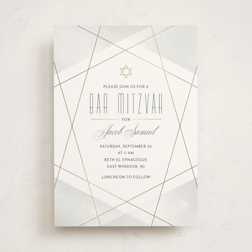 This is a gravel bar mitzvah bat mitzvah invitations with foil pressed by Monika Torun called geo mitzvah printing on signature in standard