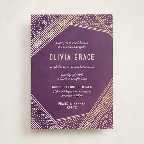 This is a amethyst bar mitzvah bat mitzvah invitations with foil pressed by Pixel and Hank called shimmer and sketch printing on signature in standard