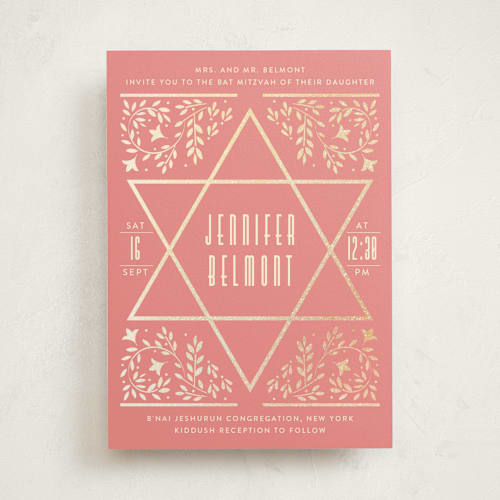 This is a blossom bar mitzvah bat mitzvah invitations with foil pressed by Ana de Sousa called jewish star of david printing on signature in standard