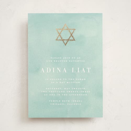 This is a aquamarine bar mitzvah bat mitzvah invitations with foil pressed by Julia Hall called graceful printing on signature in standard