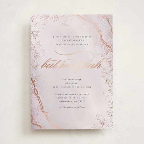 This is a lilac bar mitzvah bat mitzvah invitations with foil pressed by Bethany Anderson called marbled mitzvah printing on signature in standard