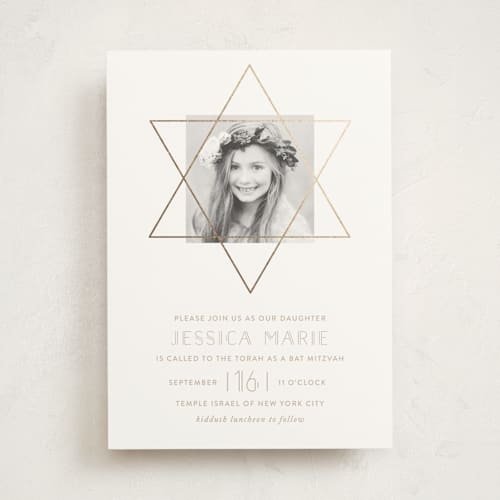 This is a sand bar mitzvah bat mitzvah invitations with foil pressed by Roopali called gold star printing on signature in standard