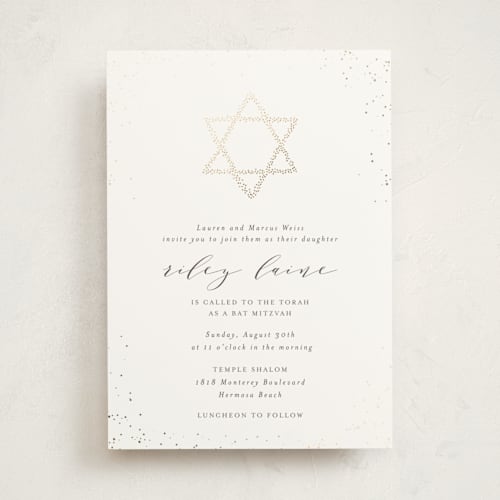 This is a powder bar mitzvah bat mitzvah invitations with foil pressed by Shirley Lin Schneider called golden star of david printing on signature in standard