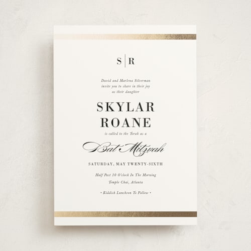 This is a powder bar mitzvah bat mitzvah invitations with foil pressed by Stacey Meacham called classic monogram printing on signature in standard