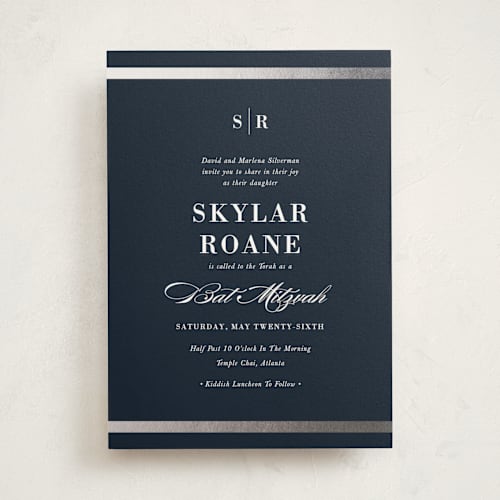 This is a navy bar mitzvah bat mitzvah invitations with foil pressed by Stacey Meacham called classic monogram printing on signature in standard