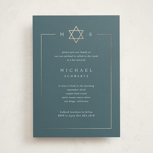 This is a cobalt bar mitzvah bat mitzvah invitations with foil pressed by Kelly Schmidt called framed monogram printing on signature in standard